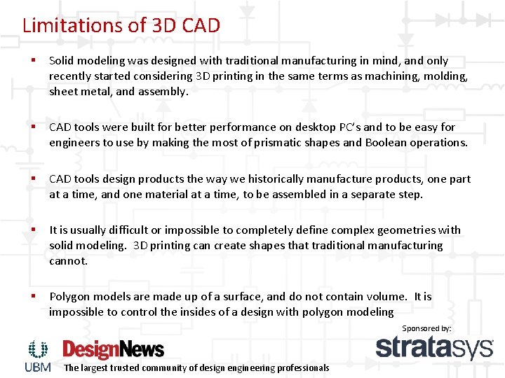 Limitations of 3 D CAD § Solid modeling was designed with traditional manufacturing in Limitations of 3 D CAD § Solid modeling was designed with traditional manufacturing in