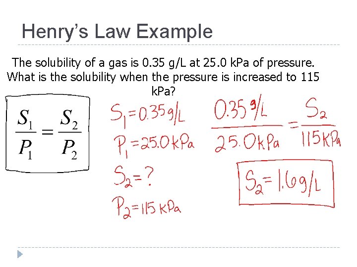 Henry’s Law Example The solubility of a gas is 0. 35 g/L at 25.