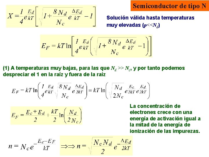 Semiconductor de tipo N Solución válida hasta temperaturas muy elevadas (p<<Nd) (1) A temperaturas