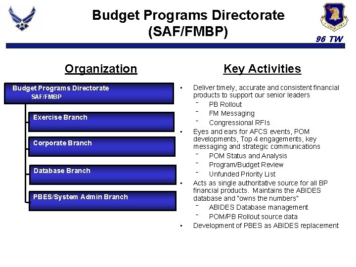 Budget Programs Directorate (SAF/FMBP) Organization Budget Programs Directorate 96 TW Key Activities • SAF/FMBP