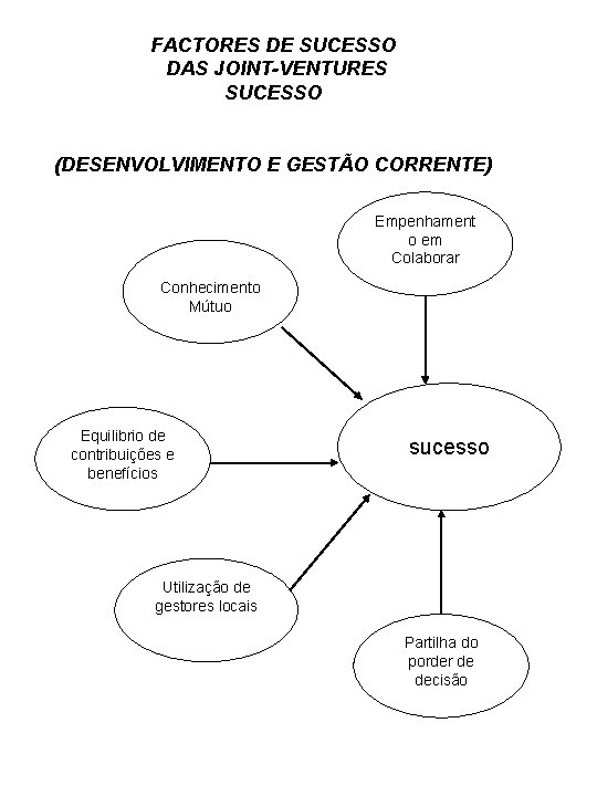 FACTORES DE SUCESSO DAS JOINT-VENTURES SUCESSO (DESENVOLVIMENTO E GESTÃO CORRENTE) Empenhament o em Colaborar