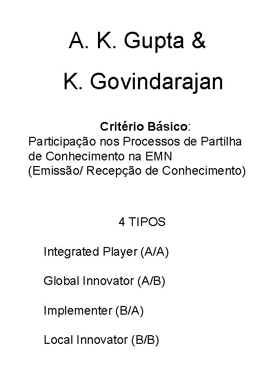 A. K. Gupta & K. Govindarajan Critério Básico: Participação nos Processos de Partilha de