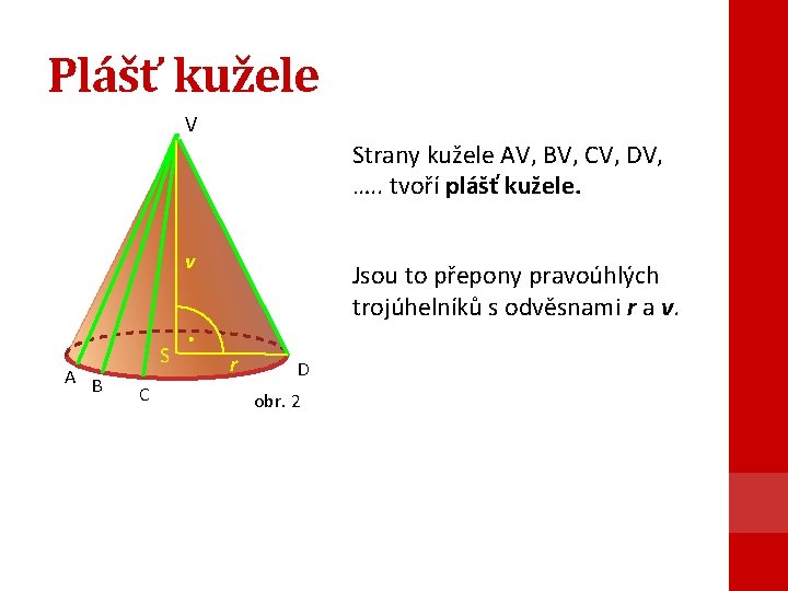 Plášť kužele V Strany kužele AV, BV, CV, DV, …. . tvoří plášť kužele.