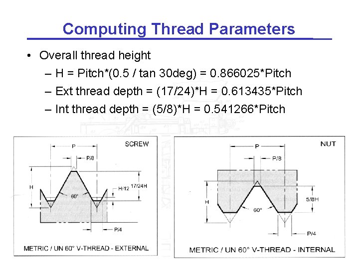 Computing Thread Parameters • Overall thread height – H = Pitch*(0. 5 / tan