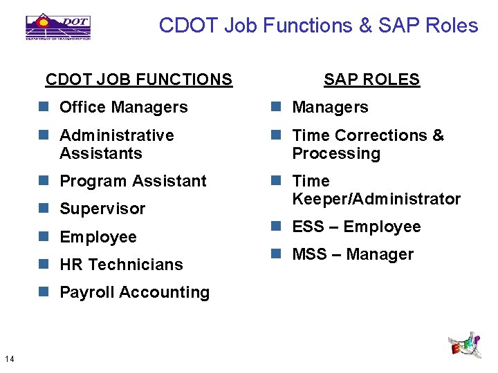 CDOT Job Functions & SAP Roles CDOT JOB FUNCTIONS n Office Managers n Administrative