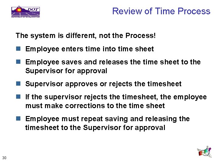 Review of Time Process The system is different, not the Process! n Employee enters