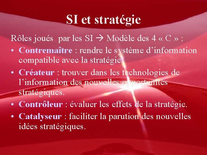 SI et stratégie Rôles joués par les SI Modèle des 4 « C »