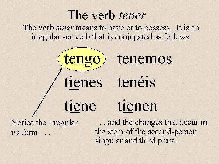 The verb tener means to have or to possess. It is an irregular -er