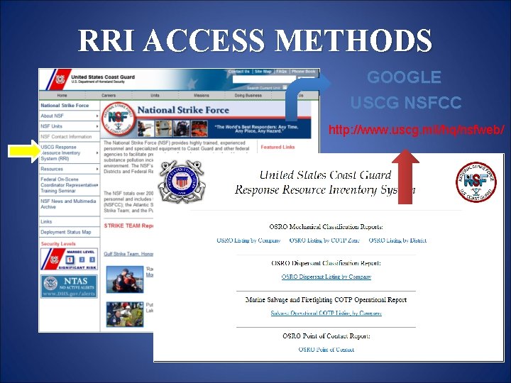 RRI ACCESS METHODS GOOGLE USCG NSFCC http: //www. uscg. mil/hq/nsfweb/ RRI ACCESS METHODS GOOGLE USCG NSFCC http: //www. uscg. mil/hq/nsfweb/
