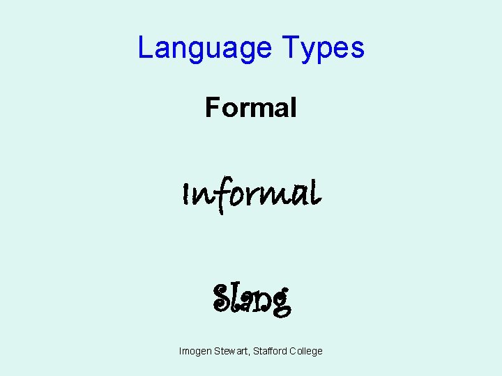 Language Types Formal Informal Slang Imogen Stewart, Stafford College 