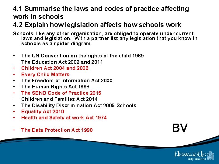 4. 1 Summarise the laws and codes of practice affecting work in schools 4.