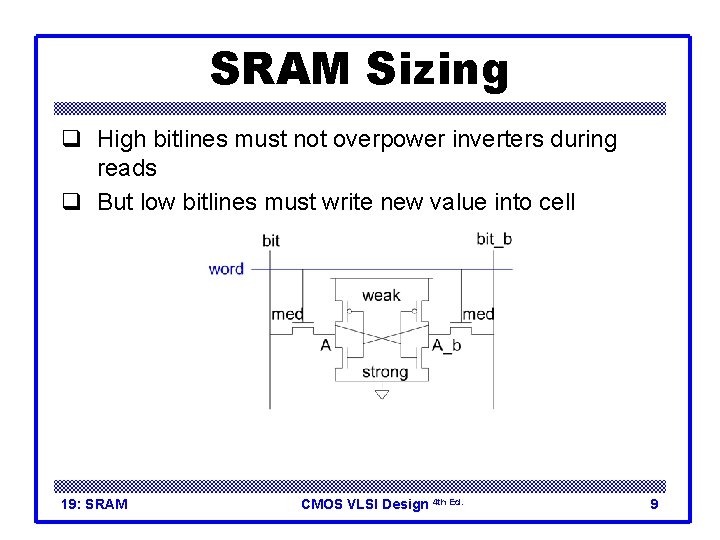 SRAM Sizing q High bitlines must not overpower inverters during reads q But low