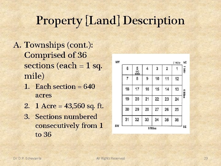 Property [Land] Description A. Townships (cont. ): Comprised of 36 sections (each = 1