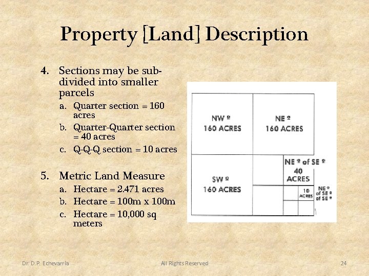 Property [Land] Description 4. Sections may be subdivided into smaller parcels a. Quarter section