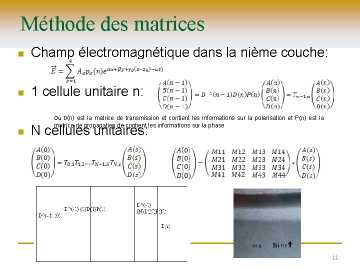 Méthode des matrices n Champ électromagnétique dans la nième couche: n 1 cellule unitaire