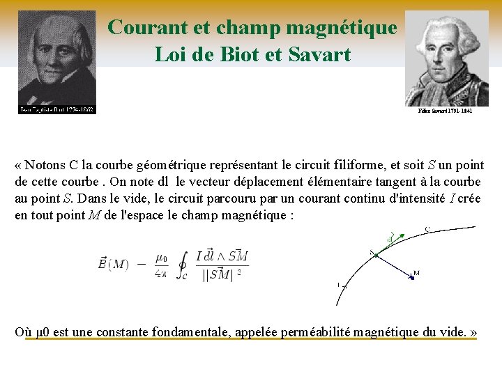 Courant et champ magnétique Loi de Biot et Savart Félix Savart 1791 -1841 «