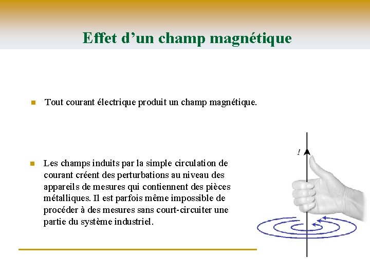 Effet d’un champ magnétique n Tout courant électrique produit un champ magnétique. n Les