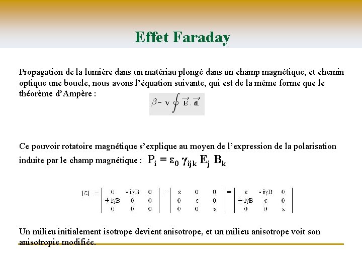 Effet Faraday Propagation de la lumière dans un matériau plongé dans un champ magnétique,