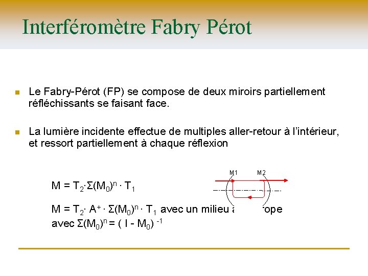 Interféromètre Fabry Pérot n Le Fabry-Pérot (FP) se compose de deux miroirs partiellement réfléchissants