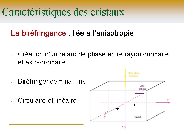 Caractéristiques des cristaux La biréfringence : liée à l’anisotropie - Création d’un retard de