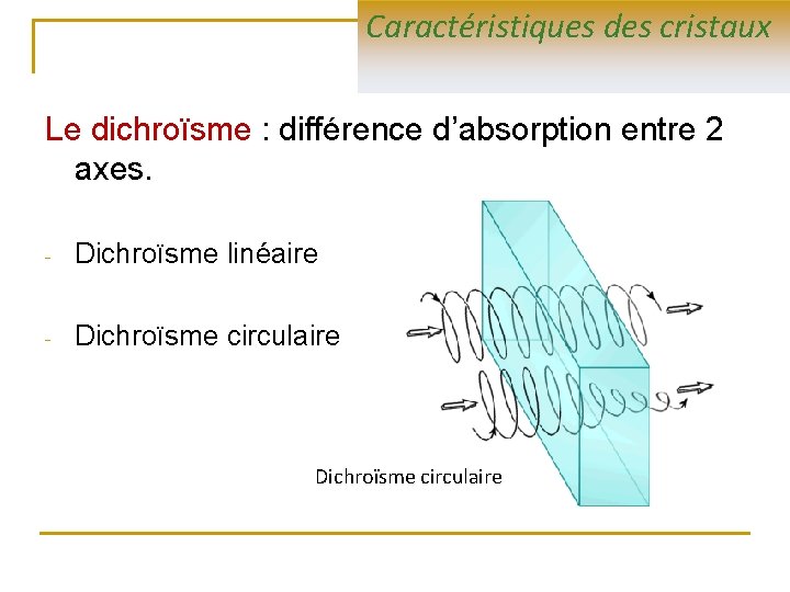 Caractéristiques des cristaux Le dichroïsme : différence d’absorption entre 2 axes. - Dichroïsme linéaire