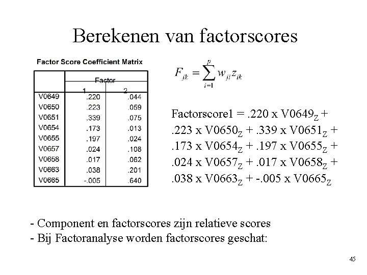 Berekenen van factorscores Factorscore 1 =. 220 x V 0649 Z +. 223 x