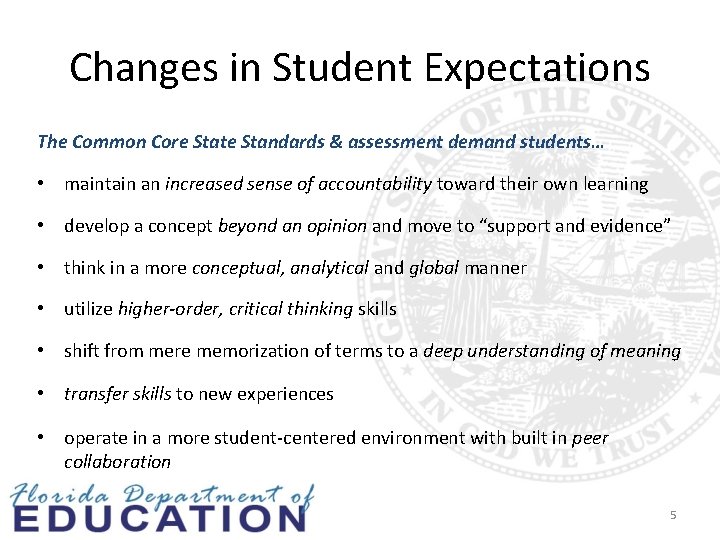 Changes in Student Expectations The Common Core State Standards & assessment demand students… •