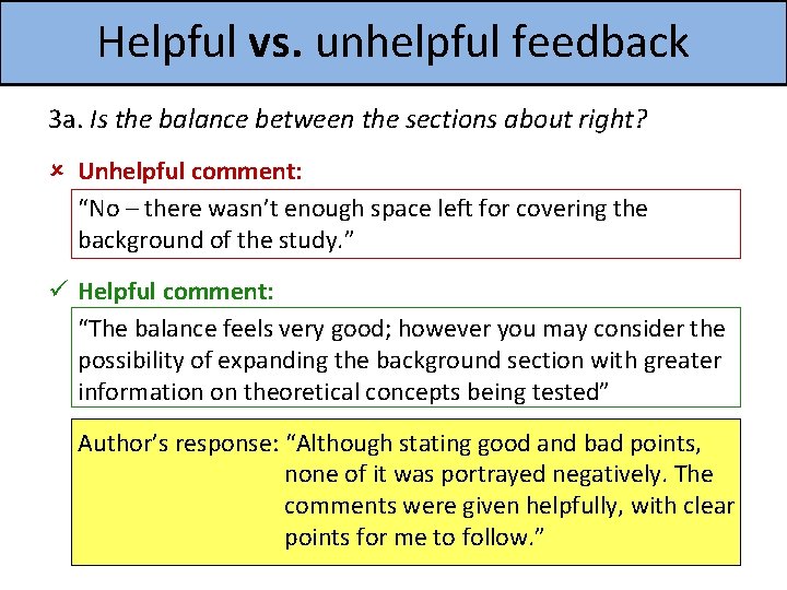 Helpful vs. unhelpful feedback 3 a. Is the balance between the sections about right?