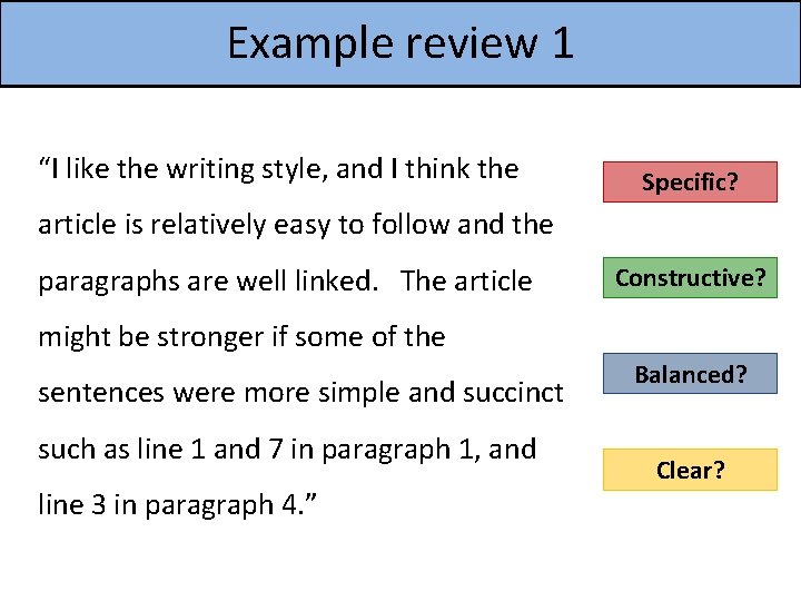Example review 1 “I like the writing style, and I think the Specific? article
