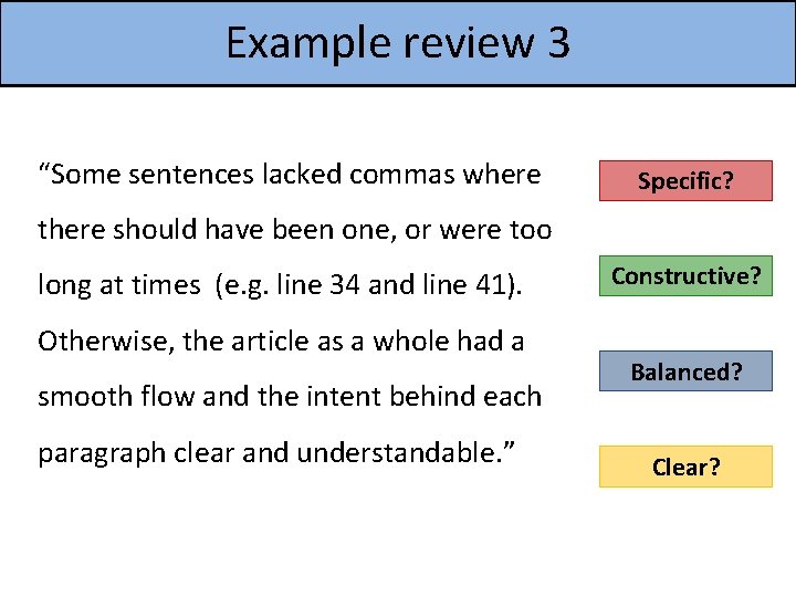 Example review 3 “Some sentences lacked commas where Specific? there should have been one,