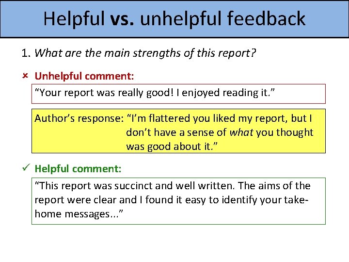 Helpful vs. unhelpful feedback 1. What are the main strengths of this report? Unhelpful