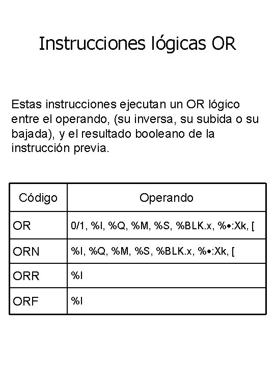 Instrucciones lógicas OR Estas instrucciones ejecutan un OR lógico entre el operando, (su inversa,