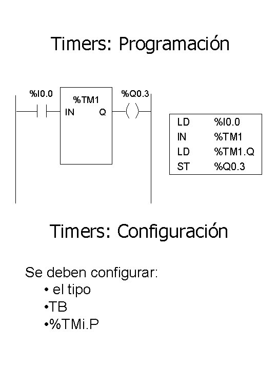 Timers: Programación %I 0. 0 %TM 1 IN Q %Q 0. 3 LD IN