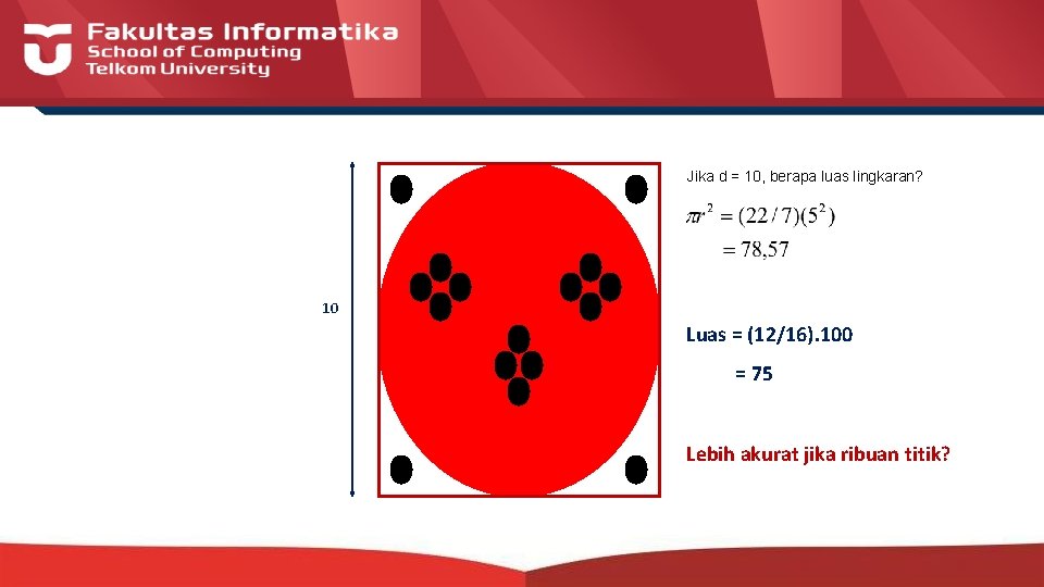 Jika d = 10, berapa luas lingkaran? 10 Luas = (12/16). 100 = 75