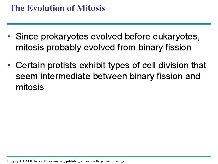 The Evolution of Mitosis • Since prokaryotes evolved before eukaryotes, mitosis probably evolved from