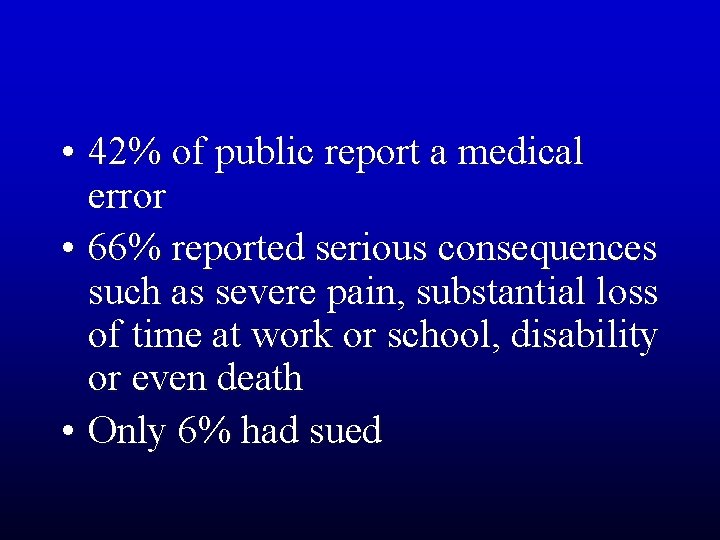  • 42% of public report a medical error • 66% reported serious consequences