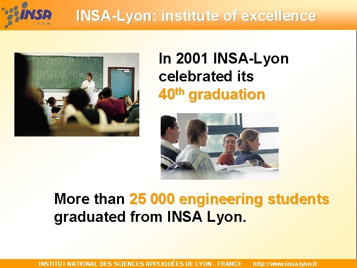 INSA-Lyon: institute of excellence In 2001 INSA-Lyon celebrated its 40 th graduation More than