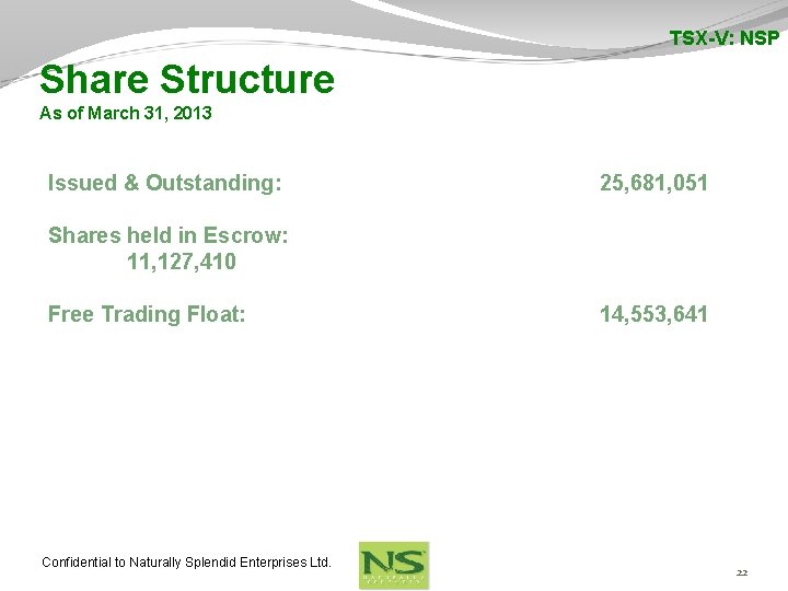 TSX-V: NSP Share Structure As of March 31, 2013 Issued & Outstanding: 25, 681,