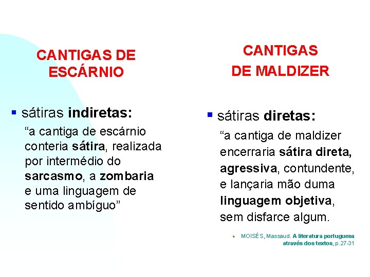 CANTIGAS DE ESCÁRNIO § sátiras indiretas: “a cantiga de escárnio conteria sátira, realizada por