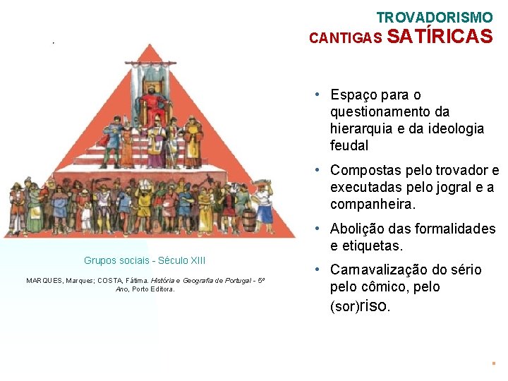 TROVADORISMO CANTIGAS SATÍRICAS • Espaço para o questionamento da hierarquia e da ideologia feudal