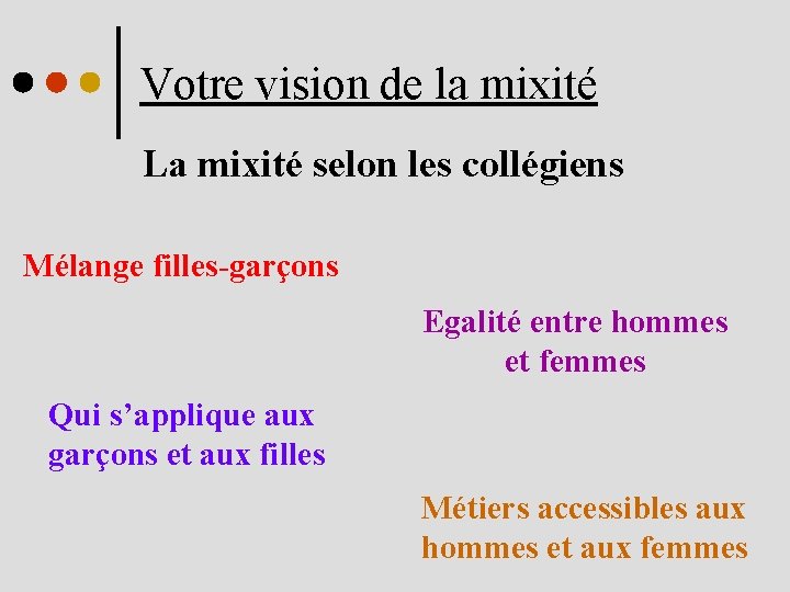 Votre vision de la mixité La mixité selon les collégiens Mélange filles-garçons Egalité entre