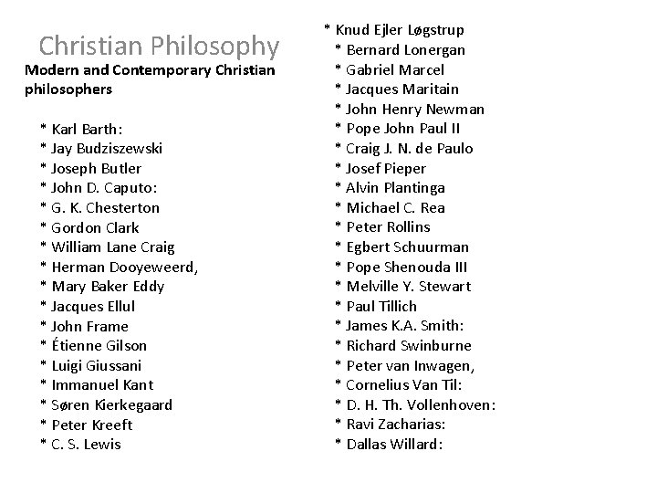 Christian Philosophy Modern and Contemporary Christian philosophers * Karl Barth: * Jay Budziszewski *