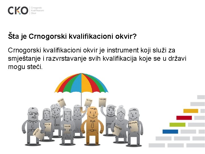 Šta je Crnogorski kvalifikacioni okvir? Crnogorski kvalifikacioni okvir je instrument koji služi za smještanje