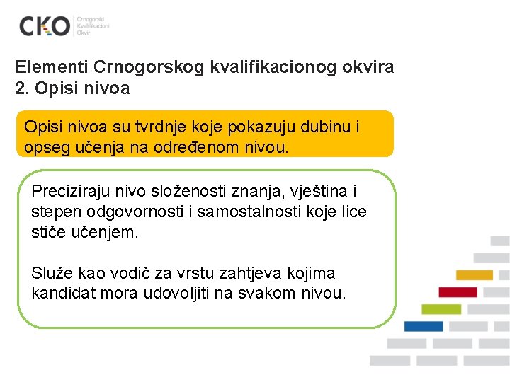 Elementi Crnogorskog kvalifikacionog okvira 2. Opisi nivoa su tvrdnje koje pokazuju dubinu i opseg