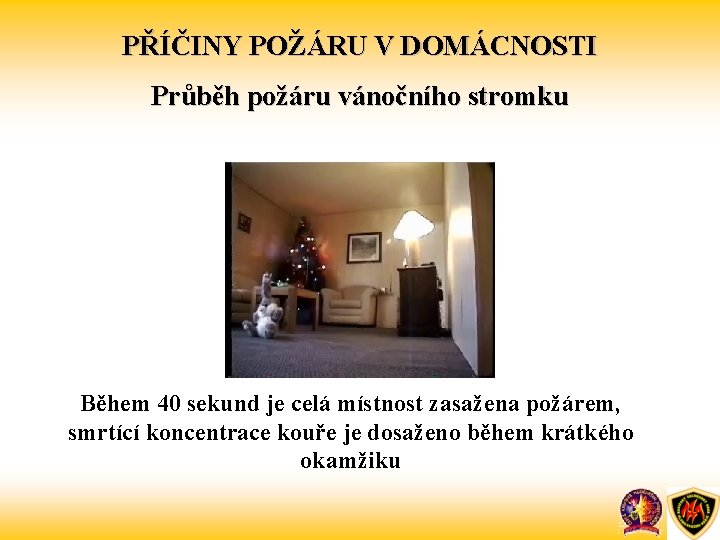 PŘÍČINY POŽÁRU V DOMÁCNOSTI Průběh požáru vánočního stromku Během 40 sekund je celá místnost