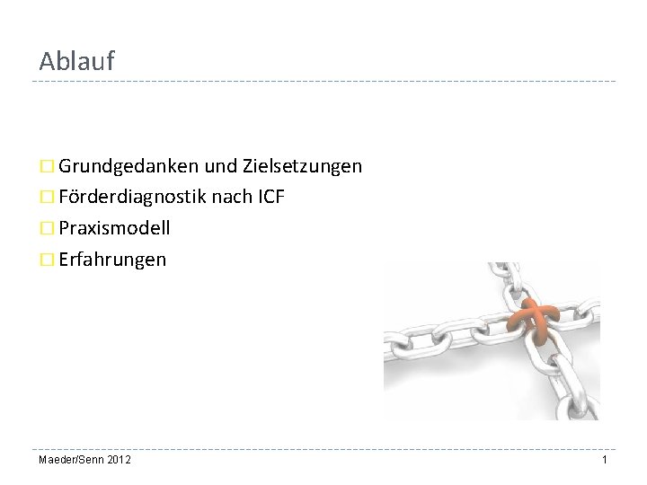 Ablauf � Grundgedanken und Zielsetzungen � Förderdiagnostik nach ICF � Praxismodell � Erfahrungen Maeder/Senn