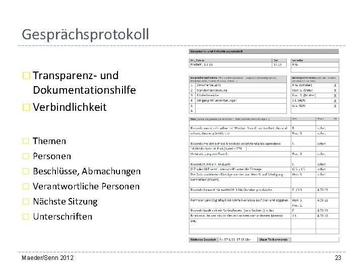 Gesprächsprotokoll � Transparenz- und Dokumentationshilfe � Verbindlichkeit Themen � Personen � Beschlüsse, Abmachungen �