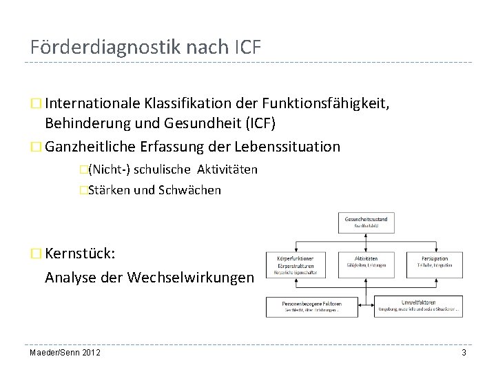 Förderdiagnostik nach ICF � Internationale Klassifikation der Funktionsfähigkeit, Behinderung und Gesundheit (ICF) � Ganzheitliche