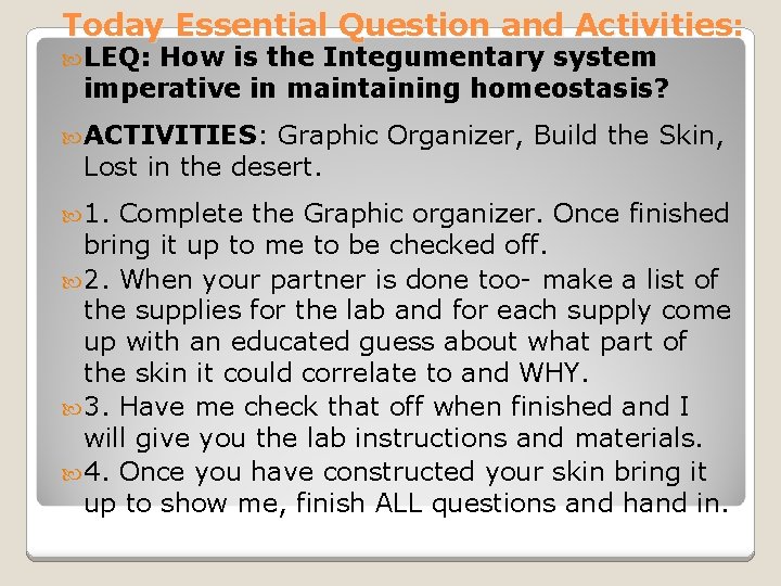 Today Essential Question and Activities: LEQ: How is the Integumentary system imperative in maintaining