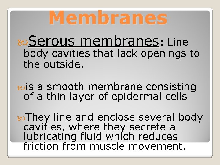 Membranes Serous membranes: Line body cavities that lack openings to the outside. is a